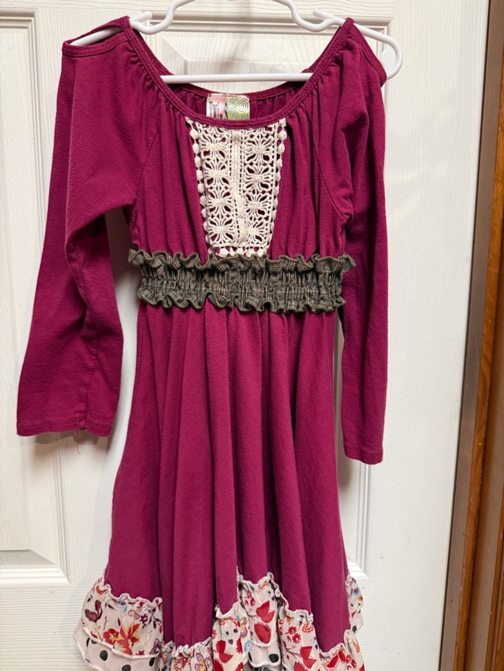 Girls Magenta Crochet-Detail Long Sleeve Casual Dress